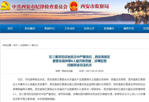 西安高新区管委会杨钟等6人严重违纪被开除党籍