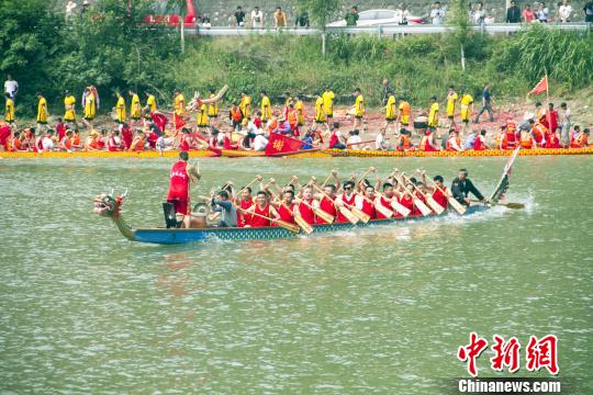 来自新余、宜春等地50余支龙舟队在袁河进行龙舟比赛。 伍荣达 摄 来自新余、宜春等地50余支龙舟队在袁河进行龙舟比赛。 伍荣达 摄